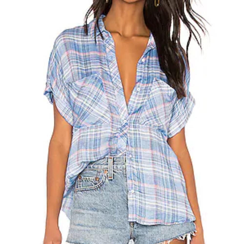 Bella Dahl Pastel Plaid Short Sleeve Button Up Shirt Size Large